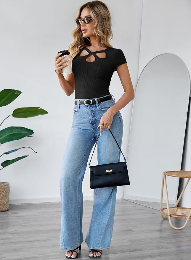 Pink Queen Sexy Tops for Women Cutout Keyhole Neck Cap Sleeve Shirts Casual Summer Clothes 2026 Fashion