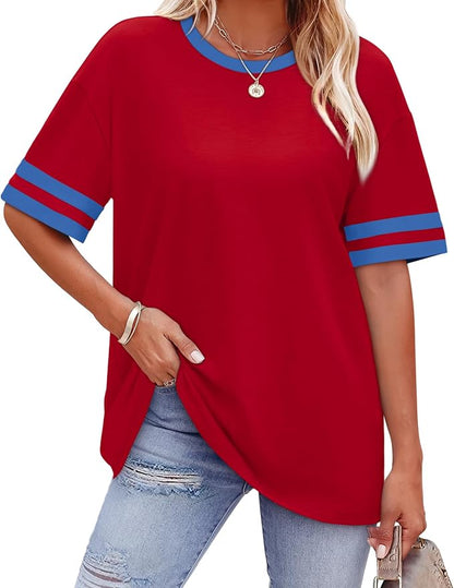WIHOLL Womens T Shirts Loose Fit Short Sleeve Tees Crew Neck Color Block Summer Tops 2026 Fashion