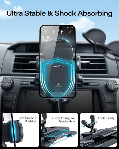 APPS2Car Sturdy CD Slot Phone Mount Upgraded Wireless Charger with One Hand Operation Design, Hands-Free Car Phone Holder Compatible with iPhone 17 Pro Max Plus 16 15 14 13 12 11, Samsung S25 S24