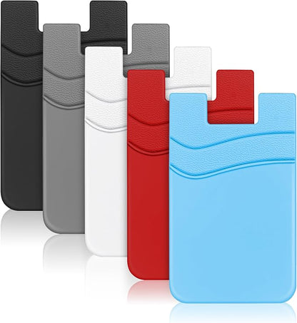 SHANSHUI Phone Wallet Stick on, Card Holder for Back of Phone Double Silicone Credit Business Card Sleeve Pocket Compatible for iPhone, Samsung Galaxy and Every Smartphones (MultiColors-5pcs)