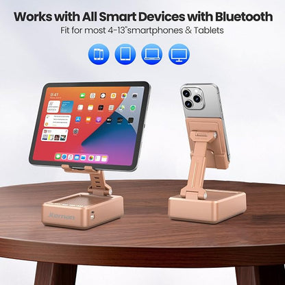 JTEMAN Cell Phone Stand with Bluetooth Speaker and Charging Function, HD Sound Adjustable Phone Holder, Birthday Gifts for Men Women, Cool Tech Kitchen Gadgets for All Phones,Tablet (Rose Gold)
