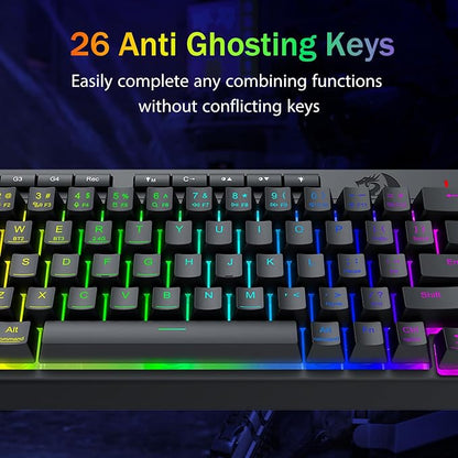 Redragon Wireless Gaming Keyboard, RGB Backlit, Portable 60% Design, Black | Bluetooth/2.4GHz/USB-C Wired, Mini Quiet Macro Membrane Keyboard, Rechargeable 4000mAh Battery, Anti-Ghosting for Win/MAC