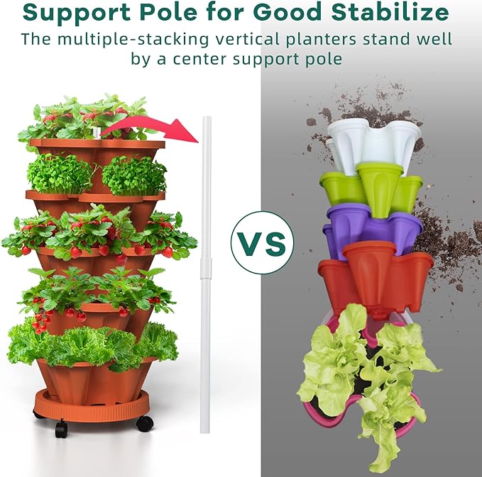 Strawberry Vertical Planters 2 Pack, 5 Tiered Stacking Tower Garden with Support Pole, Stackable Herb Vegetable Planters Indoor Outdoor Terra Cotta