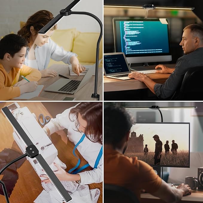 LED Desk Lamp with Wireless Remote, Dual Screen Computer Monitor Desk Lamps for Home Office, Eye Protection Modern Table Light Adjustable Flexible Gooseneck, for Architect Studio Working Reading