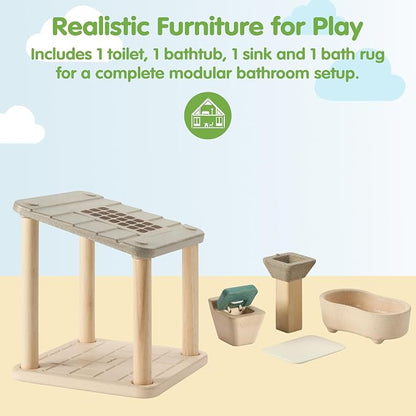 PlanToys® Wooden Dollhouse Bathroom Room Set | Bath, Toilet, Sink & Accessories Furniture Set | Open Ended Role Play Room for Dollhouse Expansion