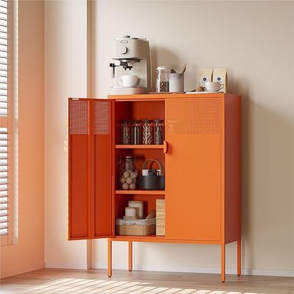 COFaR Orange Metal Storage Cabinet, 47”H Vibrant Coffee Bar & Buffet Sideboard with Adjustable Shelves, Fun Kitchen Organizer, Ventilated Steel Cabinet with Magnetic Doors for Dining Room, Office