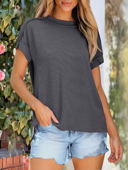 ANRABESS Womens Short Sleeve Crewneck Shirts Ribbed Knit High Low Hem T Shirt 2026 Summer Spring Casual Tops Trendy Clothes