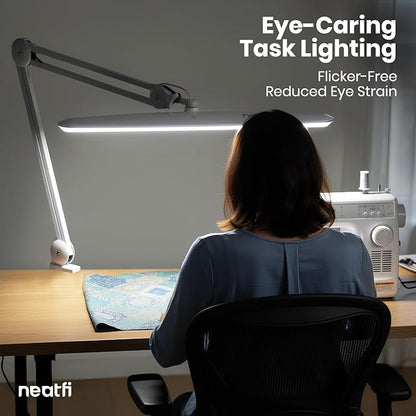 Neatfi XL 2,200 Lumens 24W LED Desk Lamp – 23” Wide Shade | Dimmable Eye-Caring Task Light | Adjustable Arm | Home Office, Study, Crafts & Nail Tech (White, Non-CCT with Clamp)