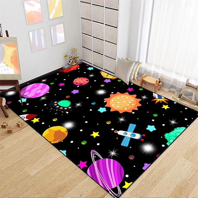 Space Rug - Space Rug for Boys Room Solar System Rug Planet Carpet for Kids Outer Space Area Rug Bedroom Boys Kids Rugs for Playroom Galaxy Rugs for Boys Bedroom,Black,5'×7'
