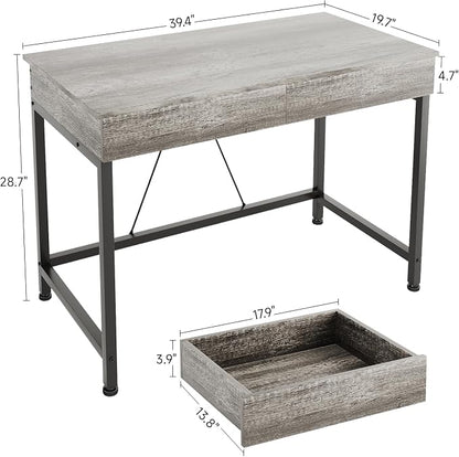 Mexin Small Desk with 2 Wooden Drawers, 40 Inch Home Office Writing Desk, Vanity Desk with Storage, Computer Desk for Bedroom Small Spaces, Table for Office, Work, Kids Study, Makeup, Gray Oak