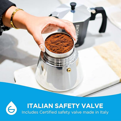GROSCHE Milano Induction Stovetop Espresso Maker Moka Pot 6 Cup (Black) | Induction Moka Pot For Gas, Electric And Induction Cooktops With Aluminum Upper Chamber, Stainless Steel Base, And Burn Guard