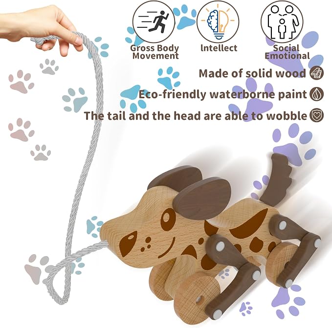 Montessori Toys 1 2 3 4 Years Old Boys Girls Wooden Walking Pull Dog Toy for Baby Toddler, Pull Along Walking Toys, Walk Along Puppy Pull, Wooden Pull & Push Toy