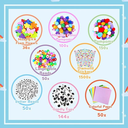 ZEIZHUBN Arts and Crafts Supplies for Kids Crafts Kit with Pipe Cleaners DIY Crafts for Kids Art School Supplies Materials All in Crafting Box Craft Supply Set Gifts for Kid Girls Boys Age 4-8, 8-12