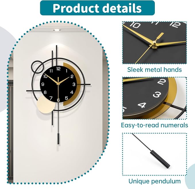 Large Wall Clock for Living Room Decor Modern Wall Clock with Pendulum Silent Quartz Battery Operated Metal Decorative Clock for Dining Room,Kitchen,Home,Bathroom,Bedroom,17.7x27.3 in