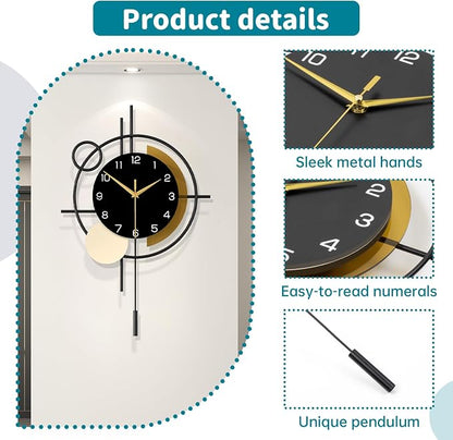 Large Wall Clock for Living Room Decor Modern Wall Clock with Pendulum Silent Quartz Battery Operated Metal Decorative Clock for Dining Room,Kitchen,Home,Bathroom,Bedroom,17.7x27.3 in