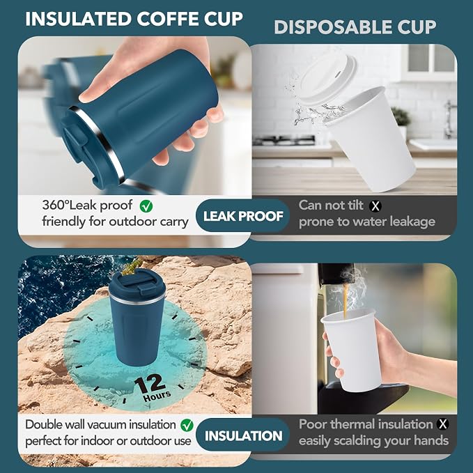 Volhoply 12 oz Double Wall Insulated Vacuum Travel Coffee Mug with Flip Lid Bulk 4 Pack,Reusable Stainless Steel Leak Proof Coffee Cups,Portable Cafe Thermal Tumbler for Hot & Cold Drinks(Bule,4 Set)