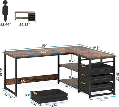 Tribesigns L Shaped Computer Desk with Storage Drawers, 59 inch Corner Desk with Shelves, Reversible L-Shaped Office Desk Study Writing Table Workstation for Home Office, Brown