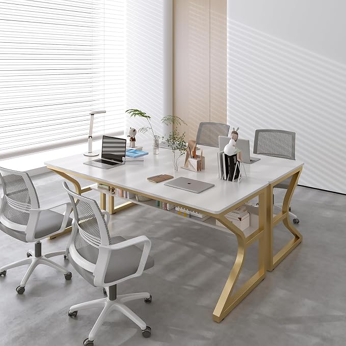 OSCHF 63-Inch Extra Long Desk with Storage Shelf, Gold | Double Long Writing Table, Space-saving, 2-Person Workstation, Modern Study Work Computer Desk, For Home Office
