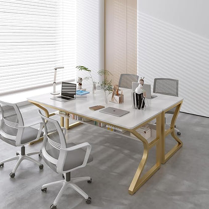 OSCHF 63-Inch Extra Long Desk with Storage Shelf, Gold | Double Long Writing Table, Space-saving, 2-Person Workstation, Modern Study Work Computer Desk, For Home Office