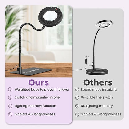 EASYINBEAUTY 8X Magnifying Glass with Light and Stand, 5 Color Modes & 9-Level Dimmable, 2-in-1 LED Magnifying Desk Lamp with Clamp, Gooseneck Magnifying Light for Crafts Hands Free, Close Work, Read