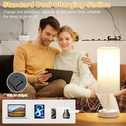 Dicoool Bedside Table Lamp for Bedroom - 3-Way Dimmable Touch Lamp, USB A+C | LED Bulb Included, 14" Small Nightstand Lamp for Desk, Living Room, Guest Room, White Fabric Lampshade, White Metal Base