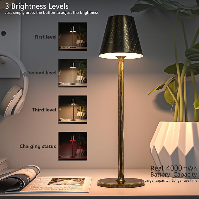 2 Pack LED CordlessTable Lamp,4000mAh Rechargeable Battery Desk lamp,3 Level Brightness Night Light, Metal Shell,Simple Design, for Couple Dinner/Coffee Table/Restaurant/Bedroom(Vintage Copper 2pack)