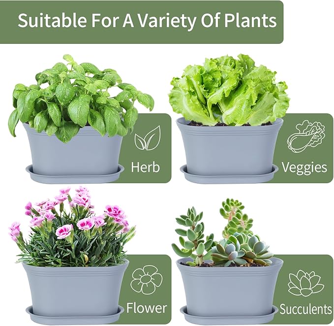 Windowsill Herb Garden Planter with Tray, Set of 6 Grey Oval Farmhouse Garden Pots for Indoor/Outdoor Plants (No Seeds)