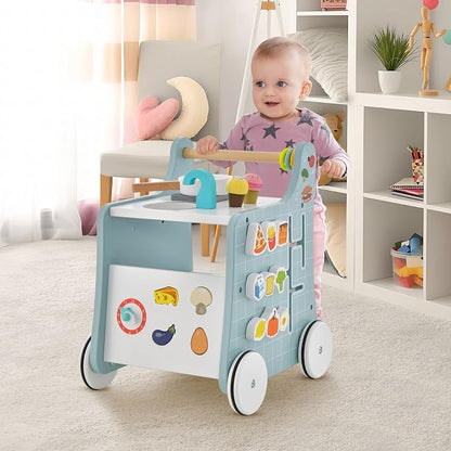 HONEY JOY Baby Push Walker, 6-in-1 Wooden Play Kitchen Walker Activity Center w/Shape Sorter & Blackboard, Develop Motor Skills, Push Toys for Babies Learning to Walk, Gift for Boys and Girls (Blue)