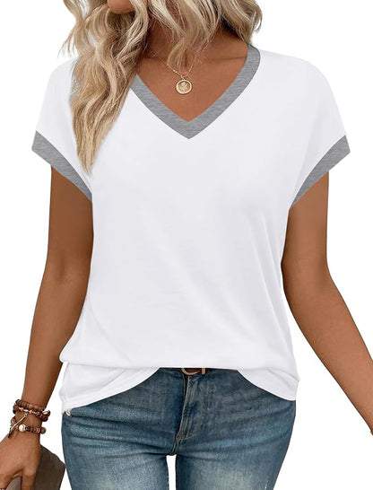 WIHOLL Womens Summer Tops 2026 Cap Short Sleeve Shirs V Neck T Shirts Fashion Beach Vacation Clothes Color Block