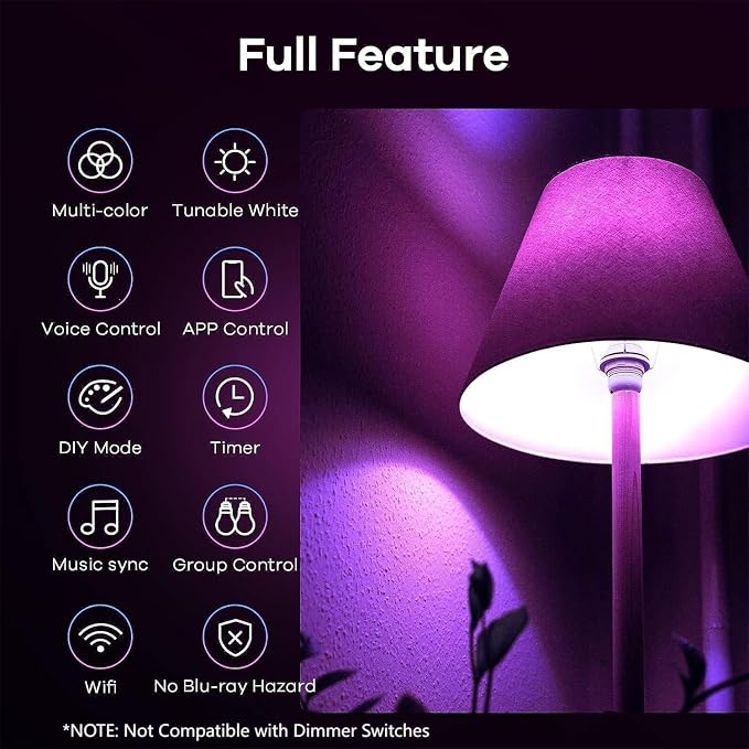 Linkind Matter Smart Light Bulb, WiFi Smart Bulbs with Remote, Smart Bulb Work with Apple Home, Alexa, Google Home, SmartThings, RGBTW Color Changing Bulbs Music Sync, 2.4Ghz A19 E26 60W 800LM 4 Pack
