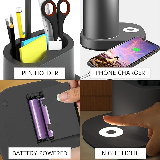 LED Desk Lamp for Home Office with USB Charging Port, Rechargeable Powered Table Lamp Battery Operated Cordless Reading Lamp, Pen Holder, 3 Way Dimmable, Bright, Tall, Flexible, Gooseneck, Black