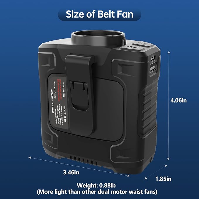 Waist Fan, Dual Motor Belt Fan, 12000mAh Rechargeable Cooler, 75ft/s Turbo Airflow, 17000RPM 5-Speed, Up to 24H Runtime, LED SOS & Red-Blue Warning Light for Jobsite, Farm, Delivery