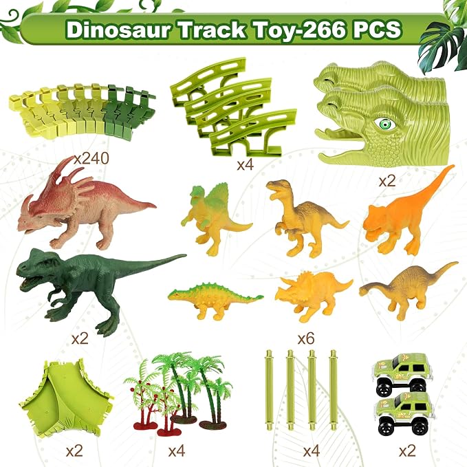 Dinosaur Track Toys, 266 PCS Dinosaur Toys for Kids 3-5 Create A Dinosaur World Road Race Tracks, 2 Dinosaur Cars Flexible Train Track Set, Birthday Gifts 3 4 5 6 7 Year Old Boys Girls