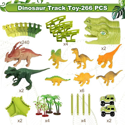 Dinosaur Track Toys, 266 PCS Dinosaur Toys for Kids 3-5 Create A Dinosaur World Road Race Tracks, 2 Dinosaur Cars Flexible Train Track Set, Birthday Gifts 3 4 5 6 7 Year Old Boys Girls