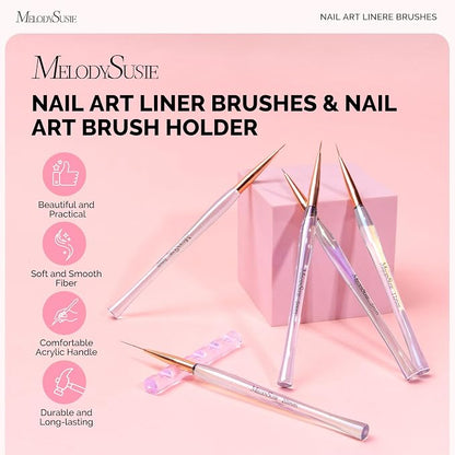 MelodySusie 5Pcs Nail Art Liner Brushes with Nail Brush Holder, Professional Gel Polish Painting Art Design Pen for Thin Long Lines, Tiny Details, Fine Drawing, Delicate Coloring Sizes 5/7/9/11/20mm