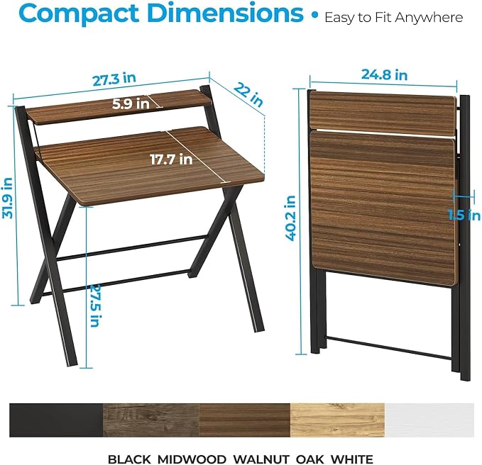 GreenForest Folding Desk No Assembly, Sturdy Computer Desk for Small Spaces | Portable Foldable Table for Laptop, 2-Tier Compact with Shelf, Space Saving for Home Office, Dorm, Apartment, 27"x 22" Walnut