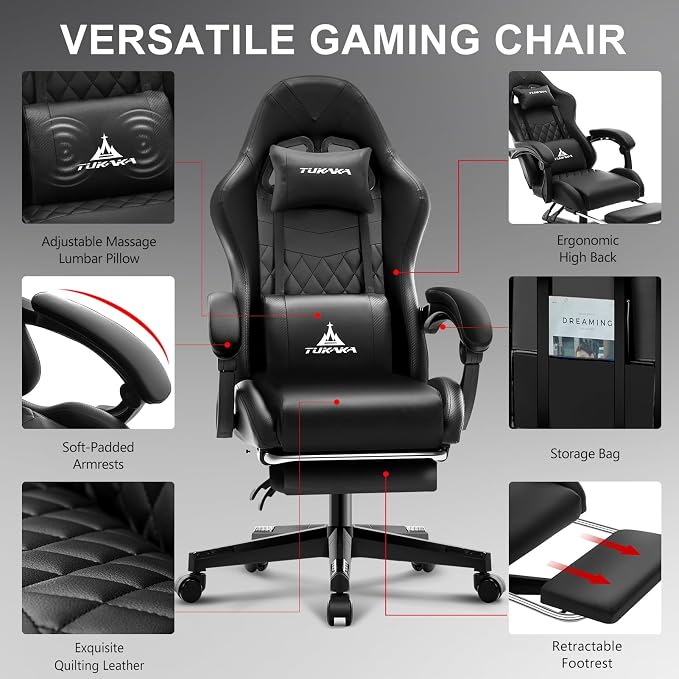 Gaming Chair,Ergonomic Massage Office Desk Chair with Footrest,Black | Pocket Spring Cushion,Reclining,Thick High Back,Headrest and Lumbar Support,Adjustable Leather Computer Chair Gamer Chair