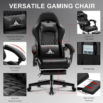 Gaming Chair,Ergonomic Massage Office Desk Chair with Footrest,Black | Pocket Spring Cushion,Reclining,Thick High Back,Headrest and Lumbar Support,Adjustable Leather Computer Chair Gamer Chair