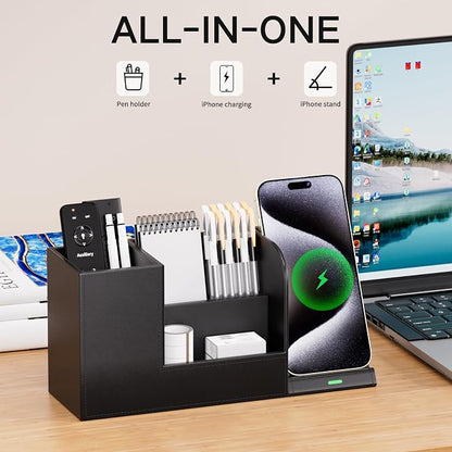 LADSTAG Pen Organizer with Phone Stand,Black Vegan Leather Desk Organizers with Remote Control Holder,Pencil Holder for Desk,Desk Organizer with Phone Charger for Office/Nightstand/Endtable