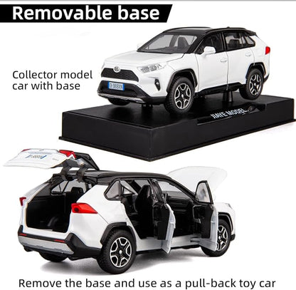 WAKAKAC Model Car 1/32 RAV4 Alloy Diecast Collectible Toy Car with Light and Sound Toy Vehicle Door Can Be Opened for Boys Kids Toddler Gift (White)
