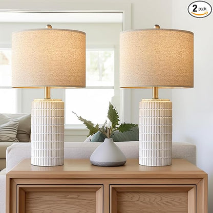 PoKat 23" Modern Ceramic Table Lamp Set of 2 for Living Room White Desk Lamps for Bedroom Farmhouse Bedside Nightstand Lamp House Warming Gifts New Home Decor End Table Lamps Gifts for Women Mom Beige