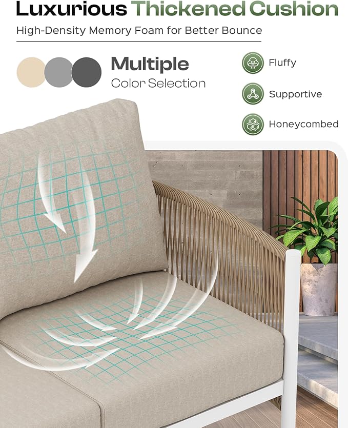 Aluminum Outdoor Patio Couch, 3 Seats HDPE Rope Patio Sofa with Washable Thick Cushion, All-Weather Patio Furniture for Balcony, Yard, White Frame, Ivory
