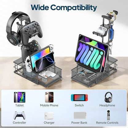 KDD Headphone Stand with Drawer - Headset & Controller Holder for Desk - Aluminum Supporting Bar Earphone Stand with Cable Organizer - Universal Gaming PC Accessories Storage