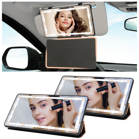 2PCs Car Vanity Mirror with Protective Cover, Rechargeable LED Mirror for Car with 3 Light Modes, Touch Control Sun Visor Mirror