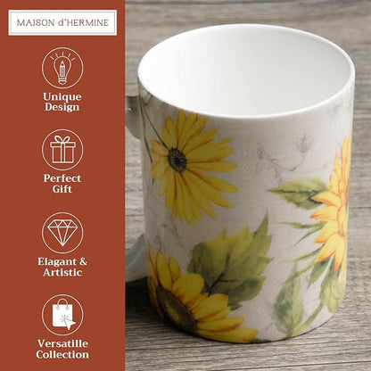 Maison d' Hermine Coffee Mug with Handles Tea Cups (12 Ounce, Pack of 1) | Fine Bone China Coffee Mugs for Hot Beverages Cappuccino Latte Home Restaurant Hotel Spring Summer -Candice - Helianthe