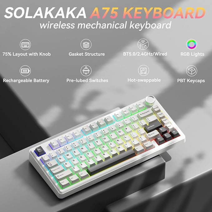 SOLAKAKA A75 75% Wireless Mechanical Keyboard, Hot Swappable Gaming Keyboard with Multifunction Knob & RGB, Gasket Mounted Creamy Keyboard, PBT Keycaps, Compact Layout for Win/Mac/PC