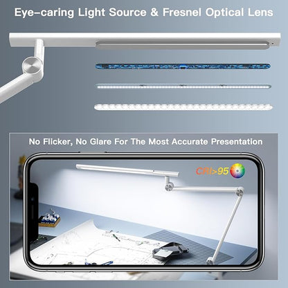 LED Desk Lamp, Desk Light for Home Office, Dual Light Source 18W Brightest, Eye-Caring Optical Lens, Office Lamp, 5 Color Modes & Brightness, Aluminum Alloy Drafting Light, Clamp Lamp, White