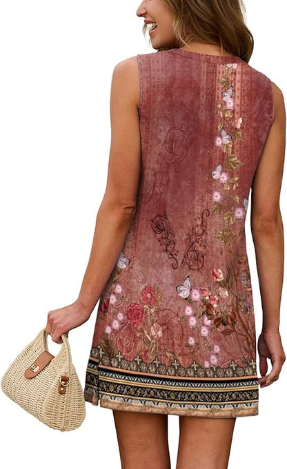 WIHOLL Casual Dresses for Women Crewneck Sleeveless Tank Dress Summer Spring Boho Vacation Clothes