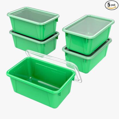 Storex Small Cubby Bins – Plastic Storage Containers for Classroom with Non-Snap Lid, 12.2 x 7.8 x 5.1 inches, Green, 5-Pack (62409A05C)