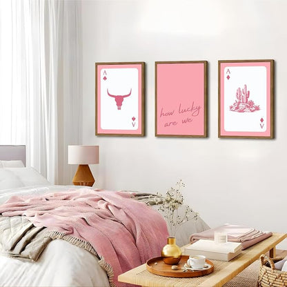 Pink Western Wall Art, How Lucky are We Wall Decor Picture Southwestern Cowgirl Playing Card Poster Canvas Print Bull Skull Painting Artwork for Bedroom Living Room 16x24 inch Wood Framed